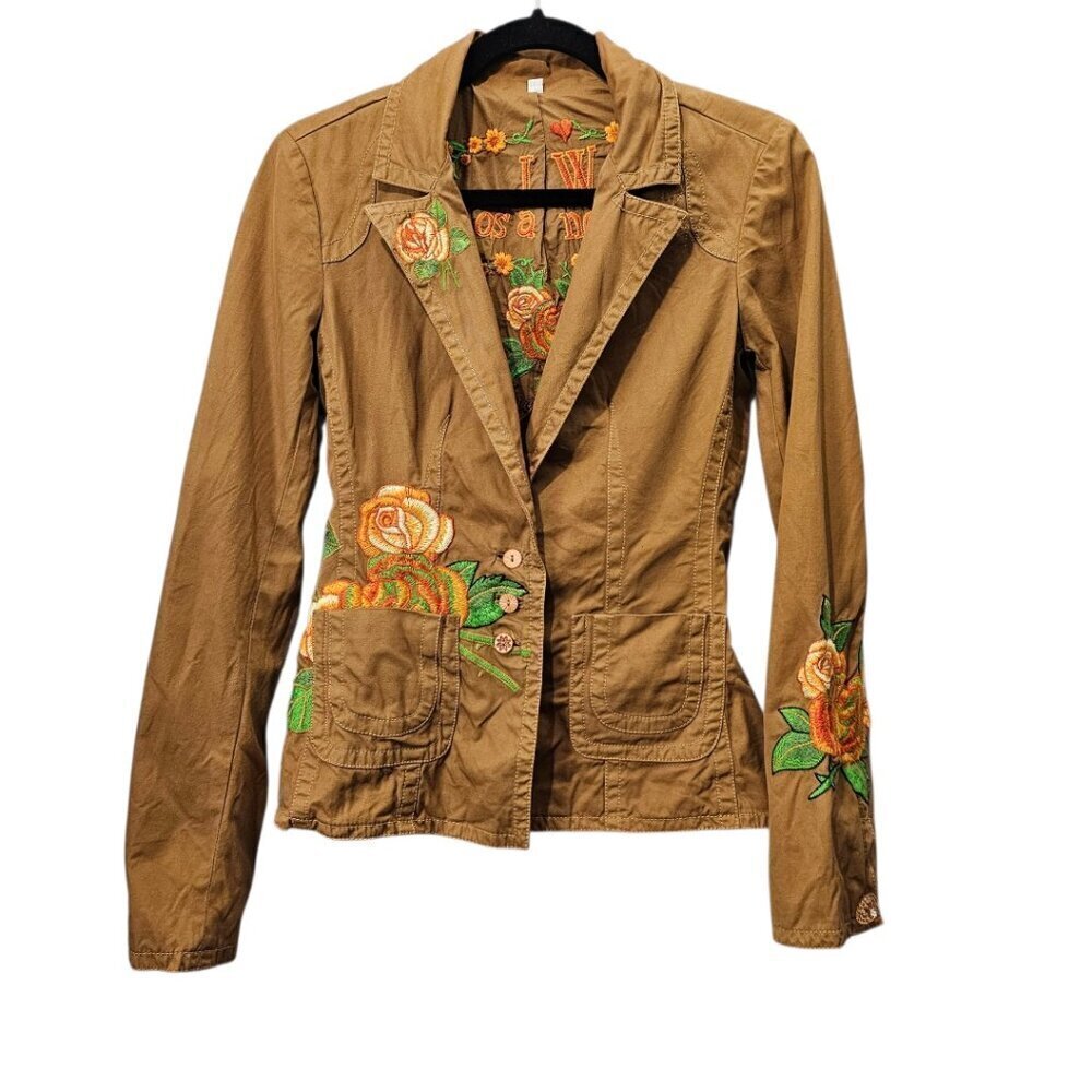 Johnny Was Bohemian Angel Wings Embroidered Floral Brown Blazer Jacket